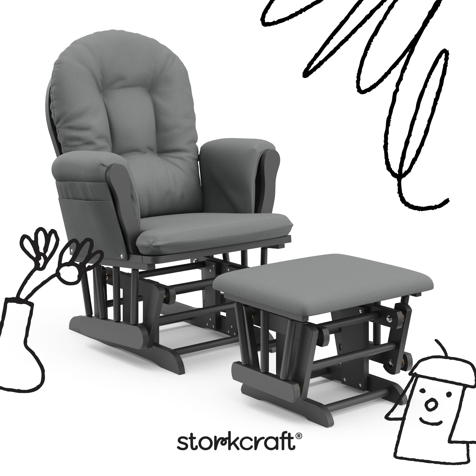 storkcraft hoop glider and ottoman gray frame with gray cushions with black doodles overlaid on image