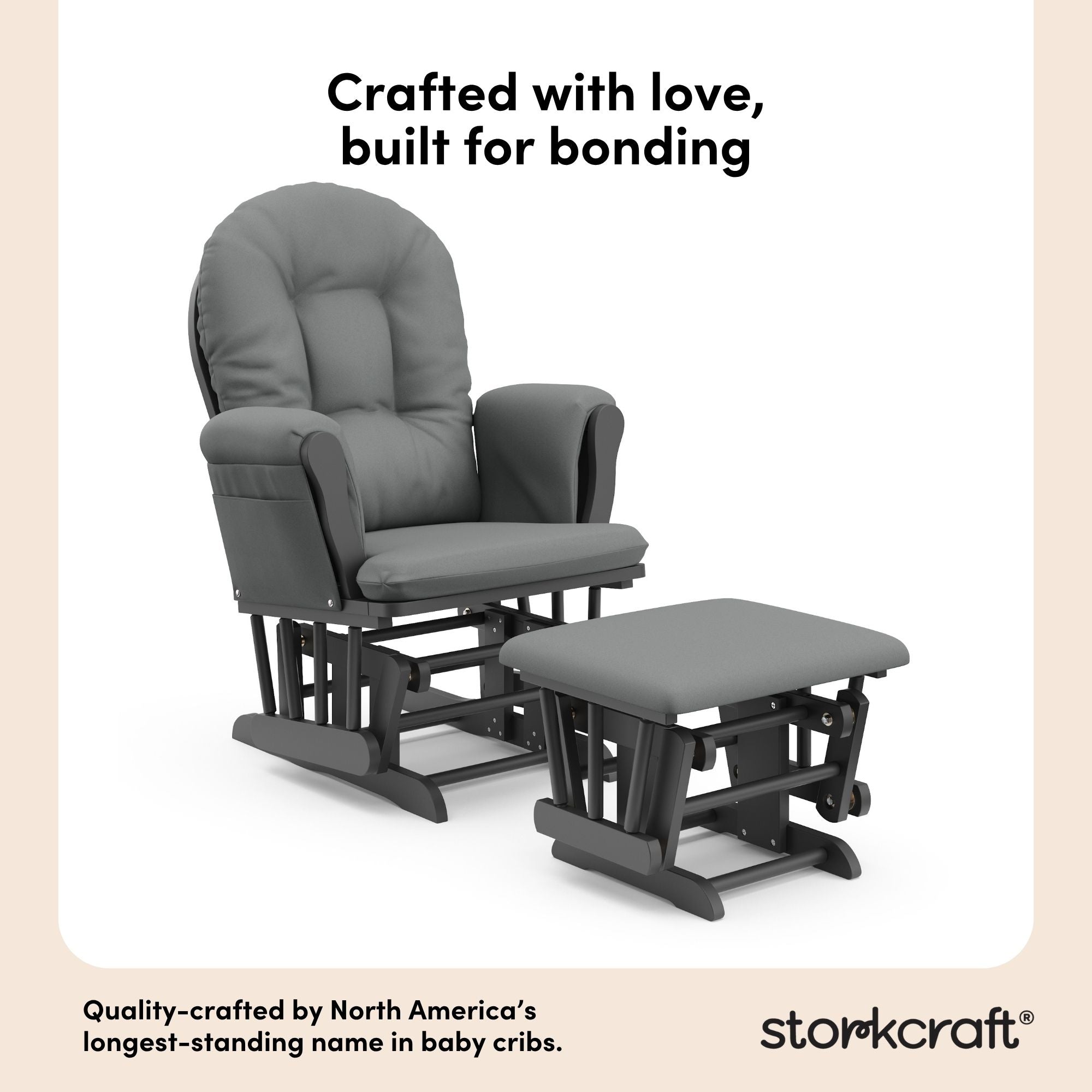 storkcraft hoop glider and ottoman gray frame with gray cushions quality crafted callout