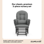 storkcraft hoop glider and ottoman gray frame with gray cushions 2-piece nursery set callout