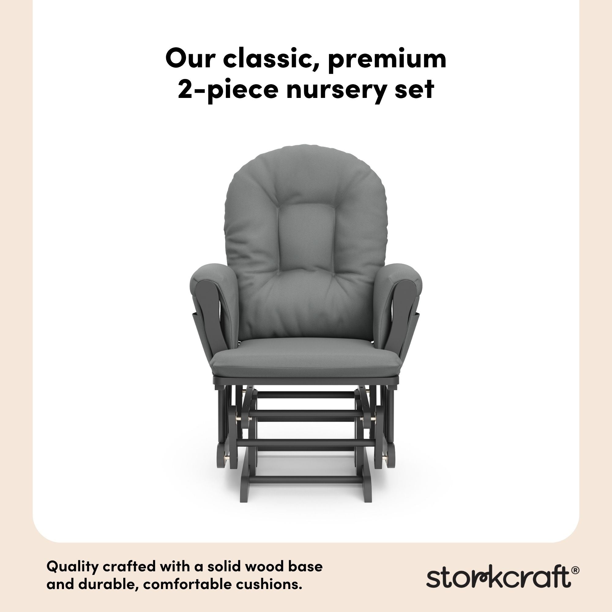 storkcraft hoop glider and ottoman gray frame with gray cushions 2-piece nursery set callout