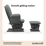 storkcraft hoop glider and ottoman gray frame with gray cushions smooth gliding motion callout
