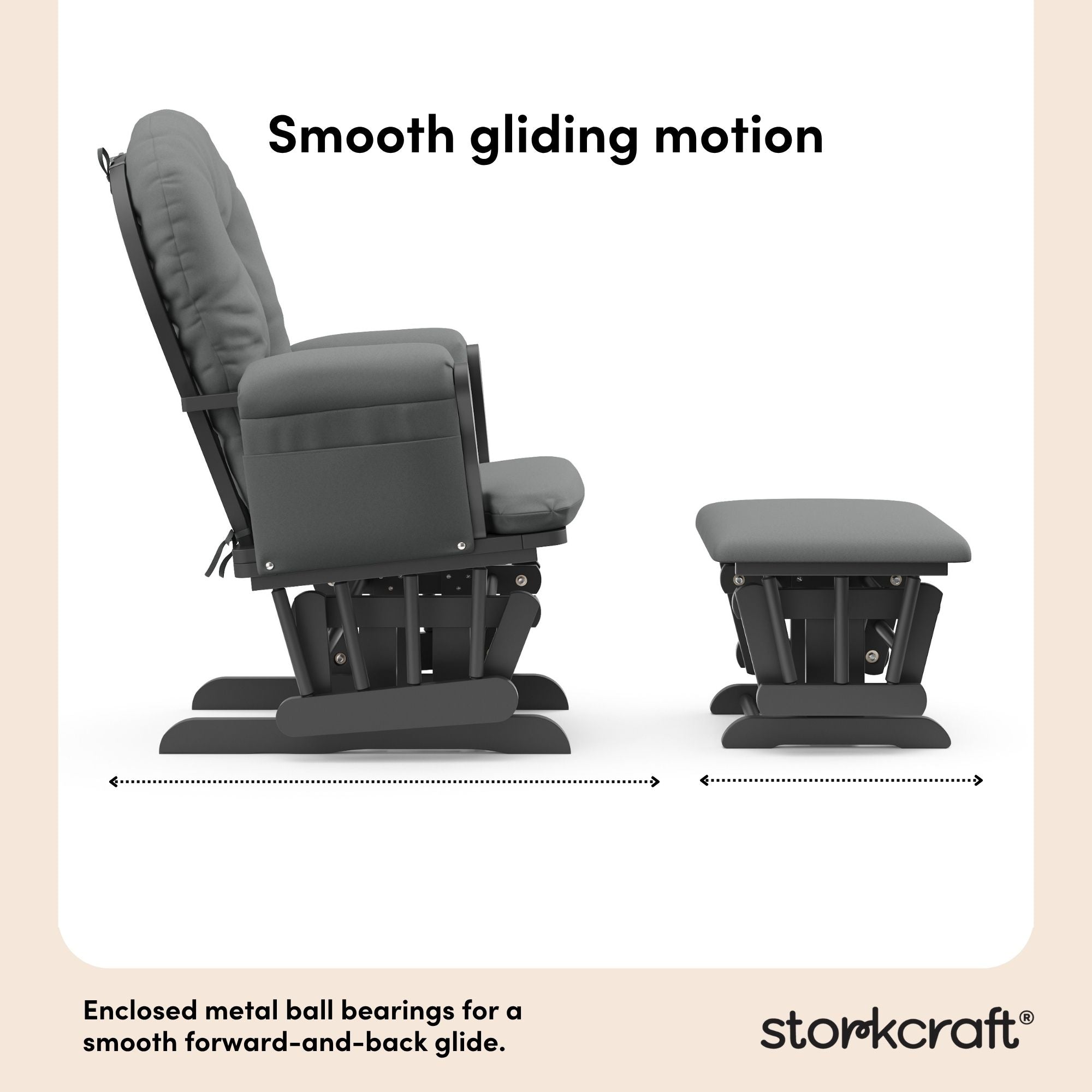 storkcraft hoop glider and ottoman gray frame with gray cushions smooth gliding motion callout