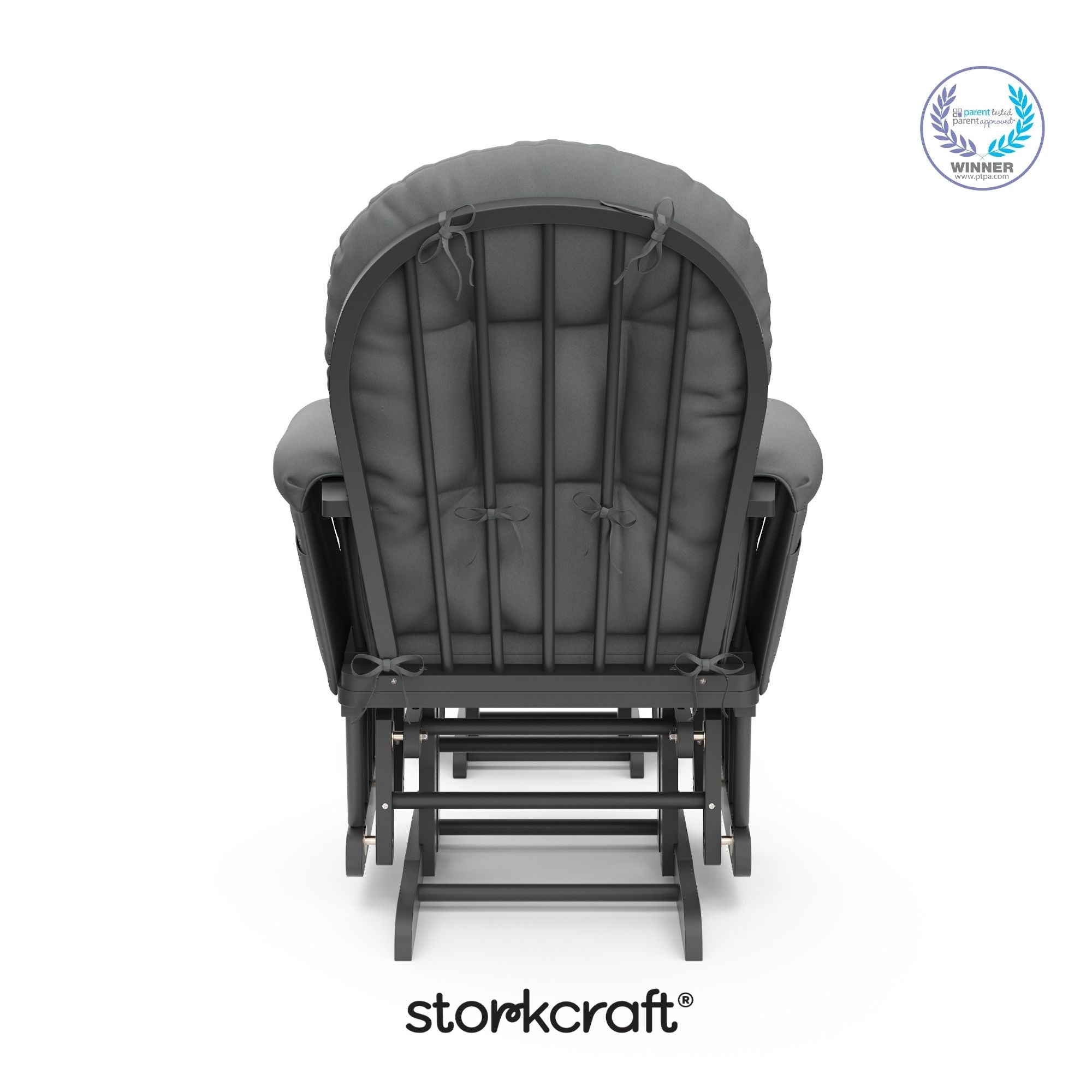 storkcraft hoop glider and ottoman gray frame with gray cushions with PTPA logo on top right