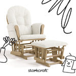 Hoop driftwood with ivory boucle glider and ottoman with black doodles overlaid on image