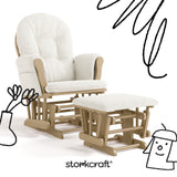 Hoop driftwood with ivory boucle glider and ottoman with black doodles overlaid on image