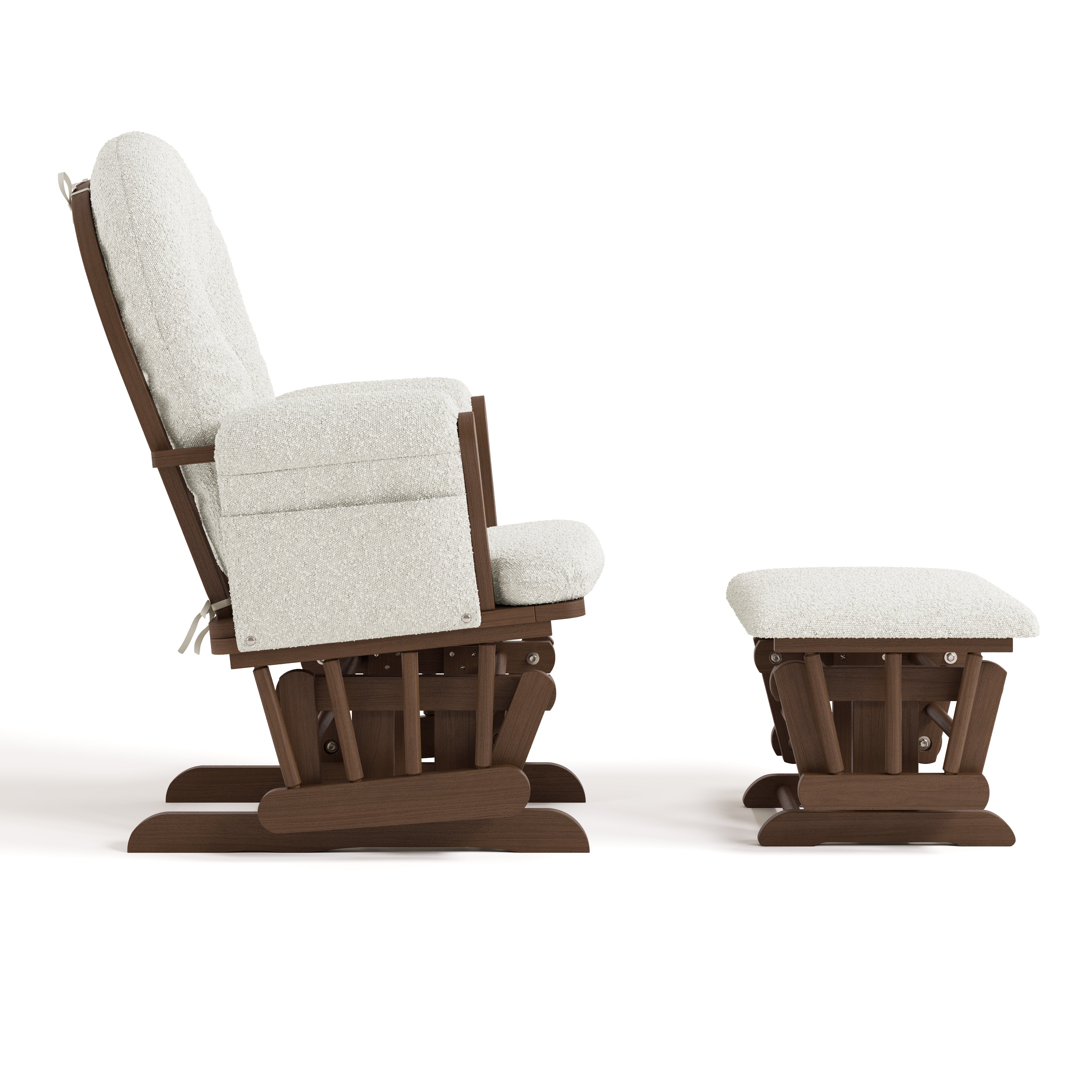 Hoop hazelnut with ivory boucle glider and ottoman side view