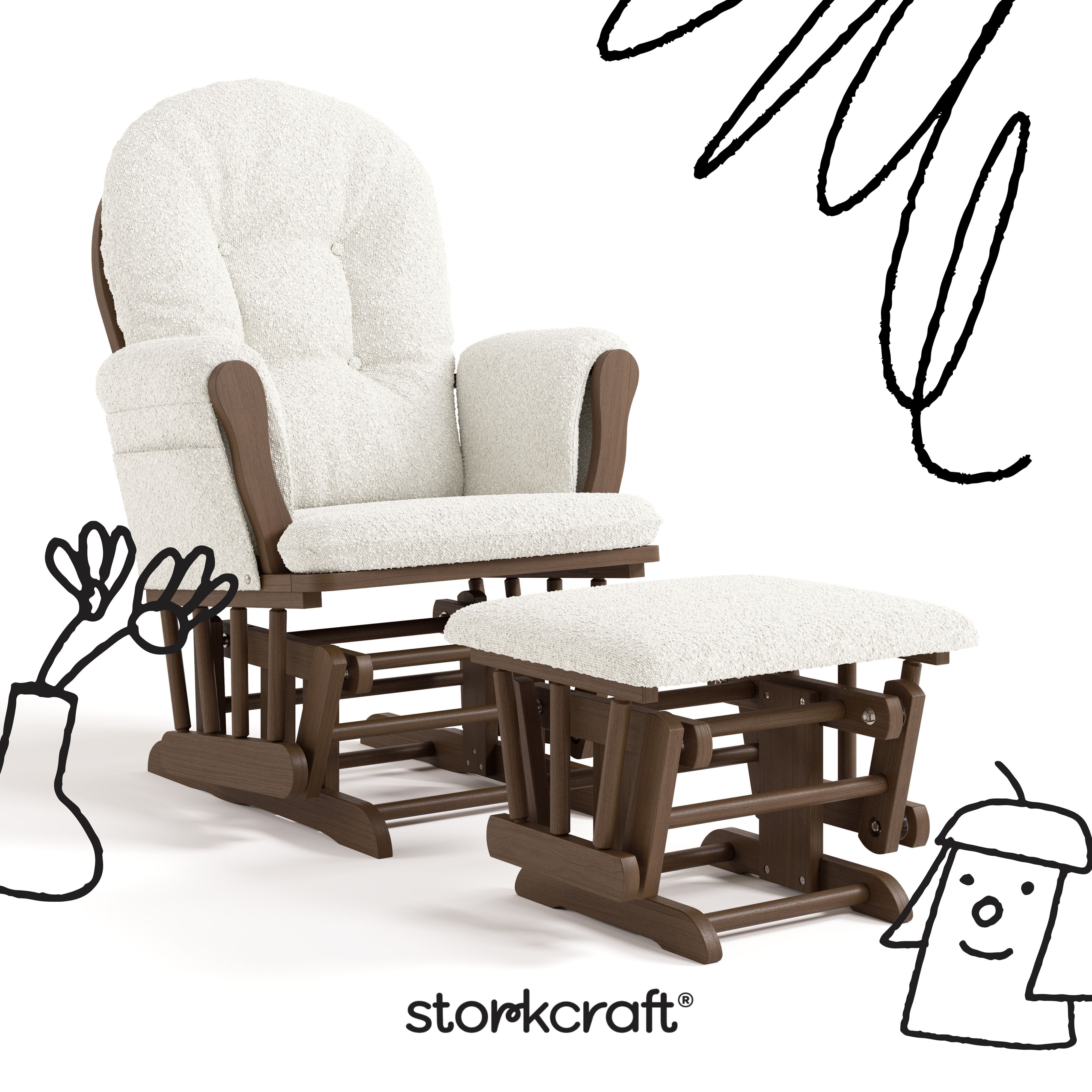 Hoop hazelnut with ivory boucle glider and ottoman with black doodles overlaid on image