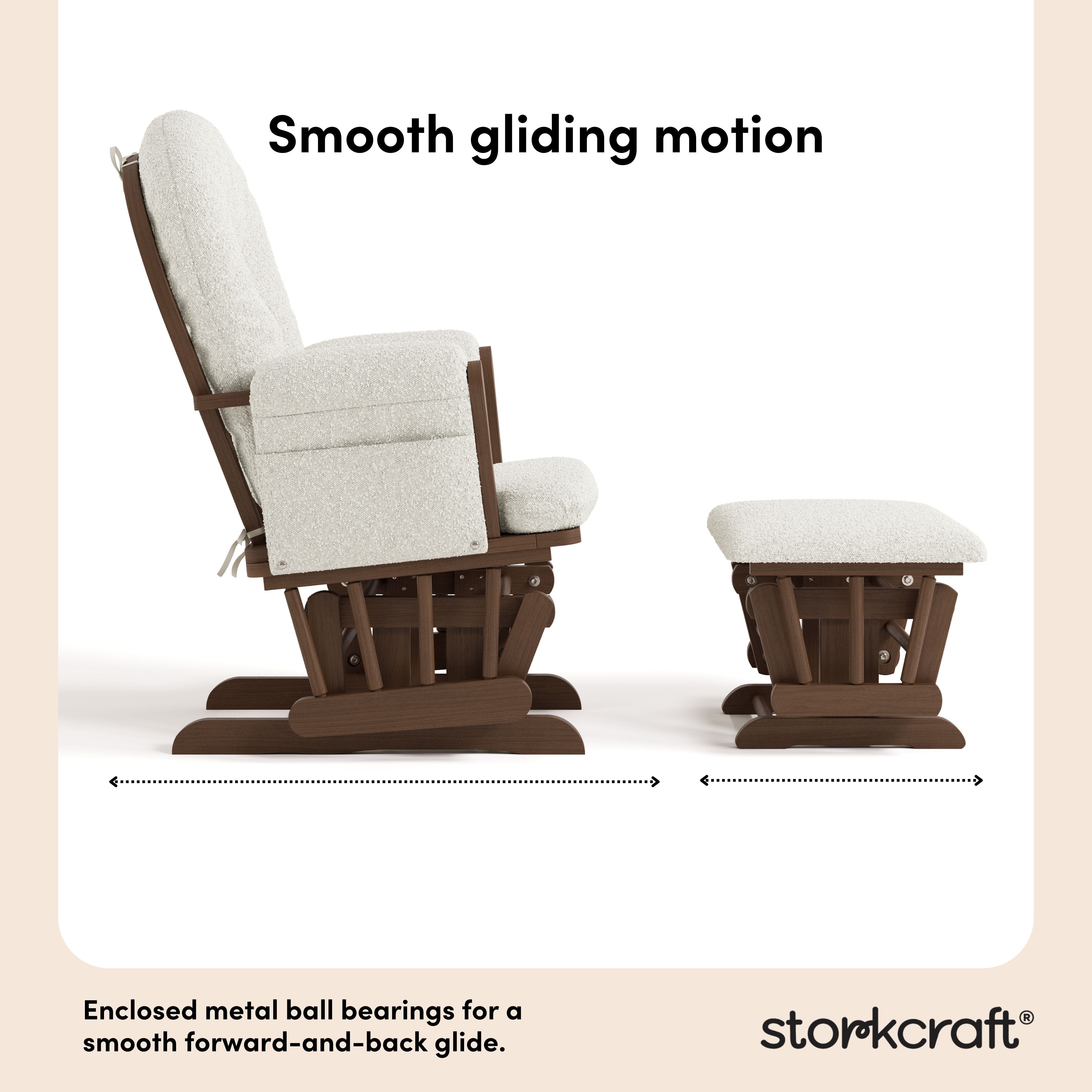 Hoop hazelnut with ivory boucle glider and ottoman motion callout