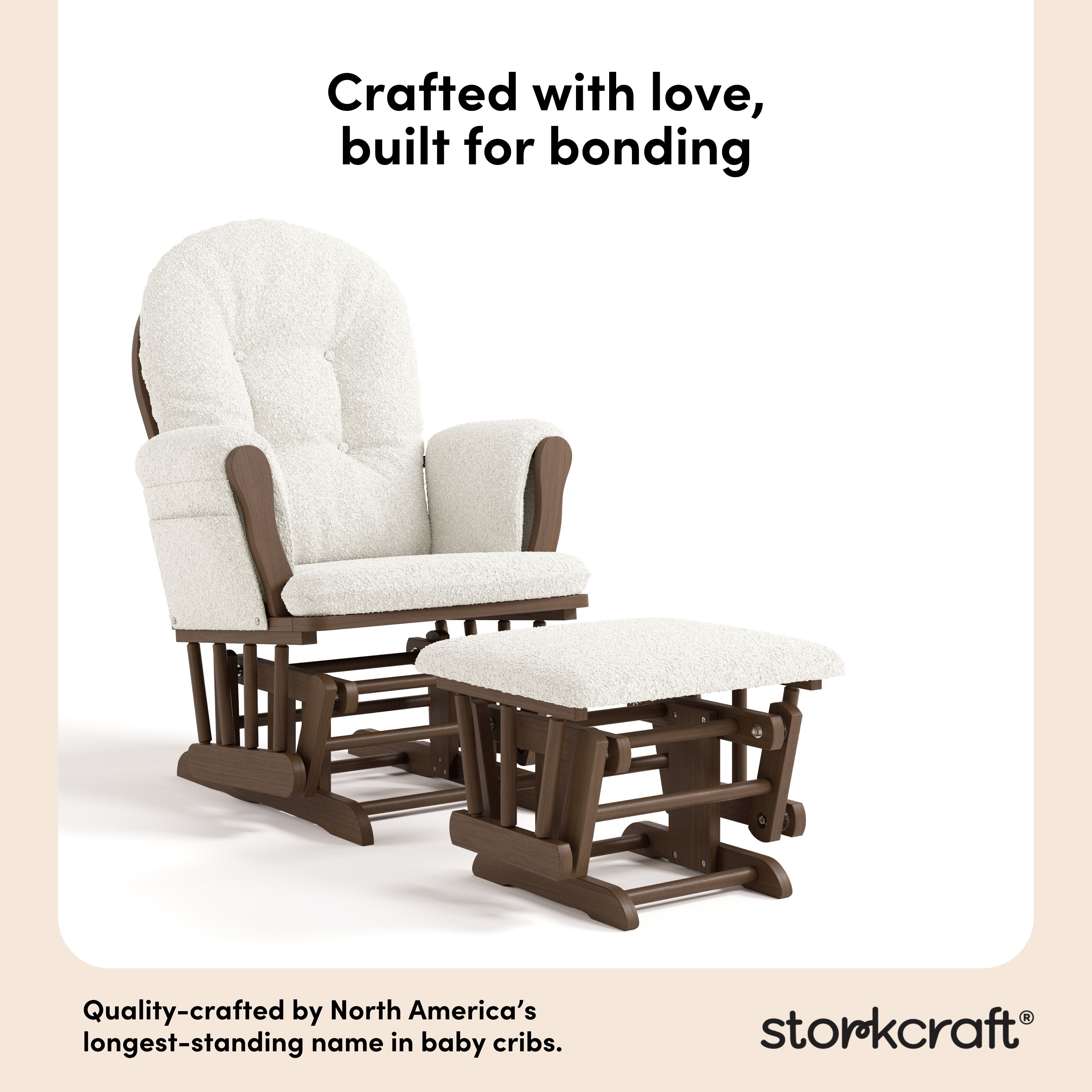 Hoop hazelnut with ivory boucle glider and ottoman style callout