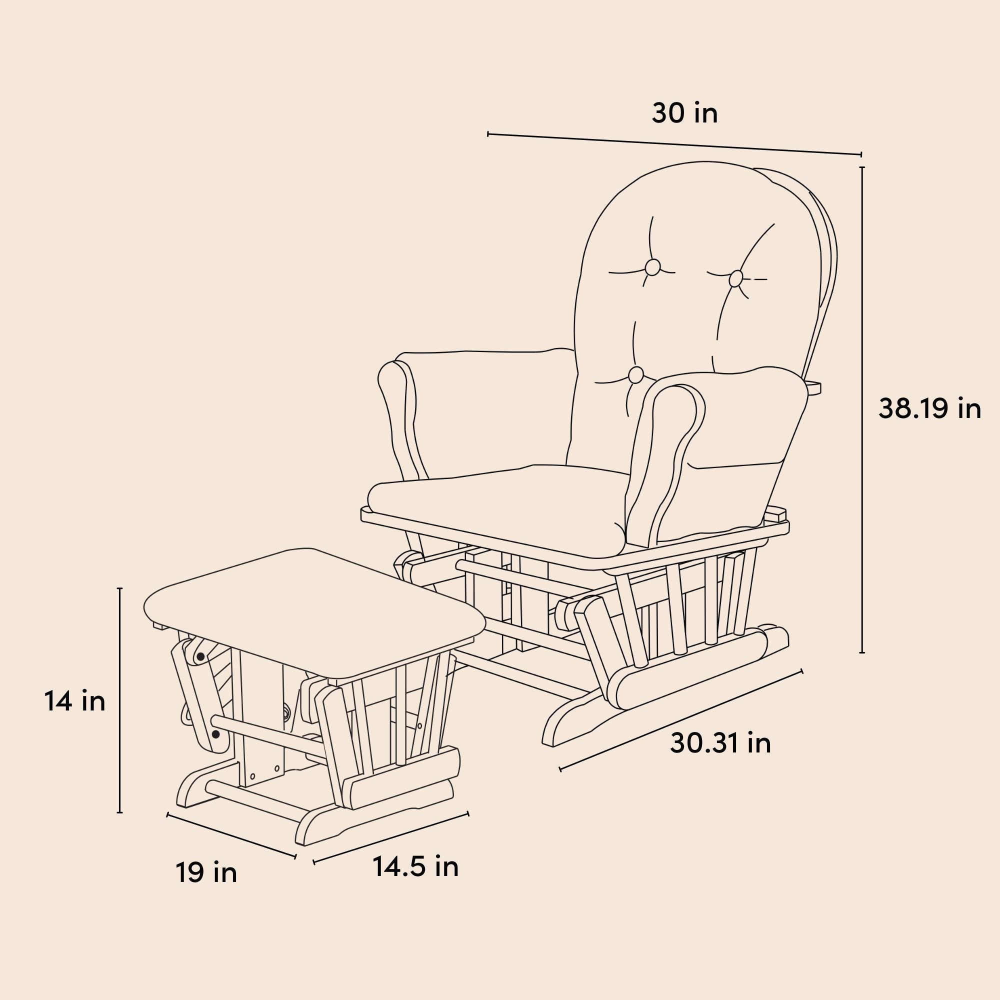 hoop glider and ottoman illustration with dimensions indicated