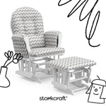storkcraft hoop glider and ottoman white frame with gray chevron cushions with black doodles overlaid on image