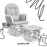 storkcraft hoop glider and ottoman white frame with gray chevron cushions with black doodles overlaid on image