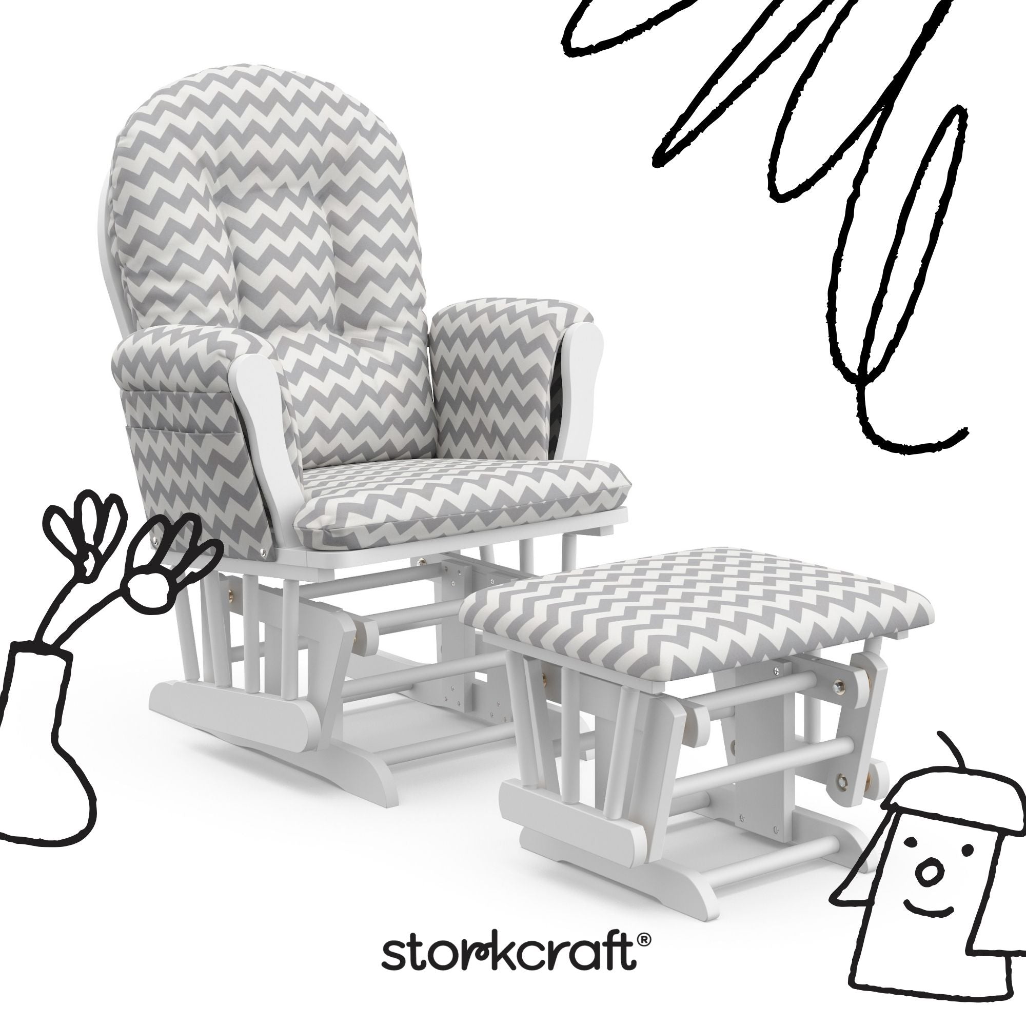 storkcraft hoop glider and ottoman white frame with gray chevron cushions with black doodles overlaid on image