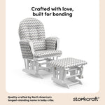 storkcraft hoop glider and ottoman white frame with gray chevron cushions quality crafted callout