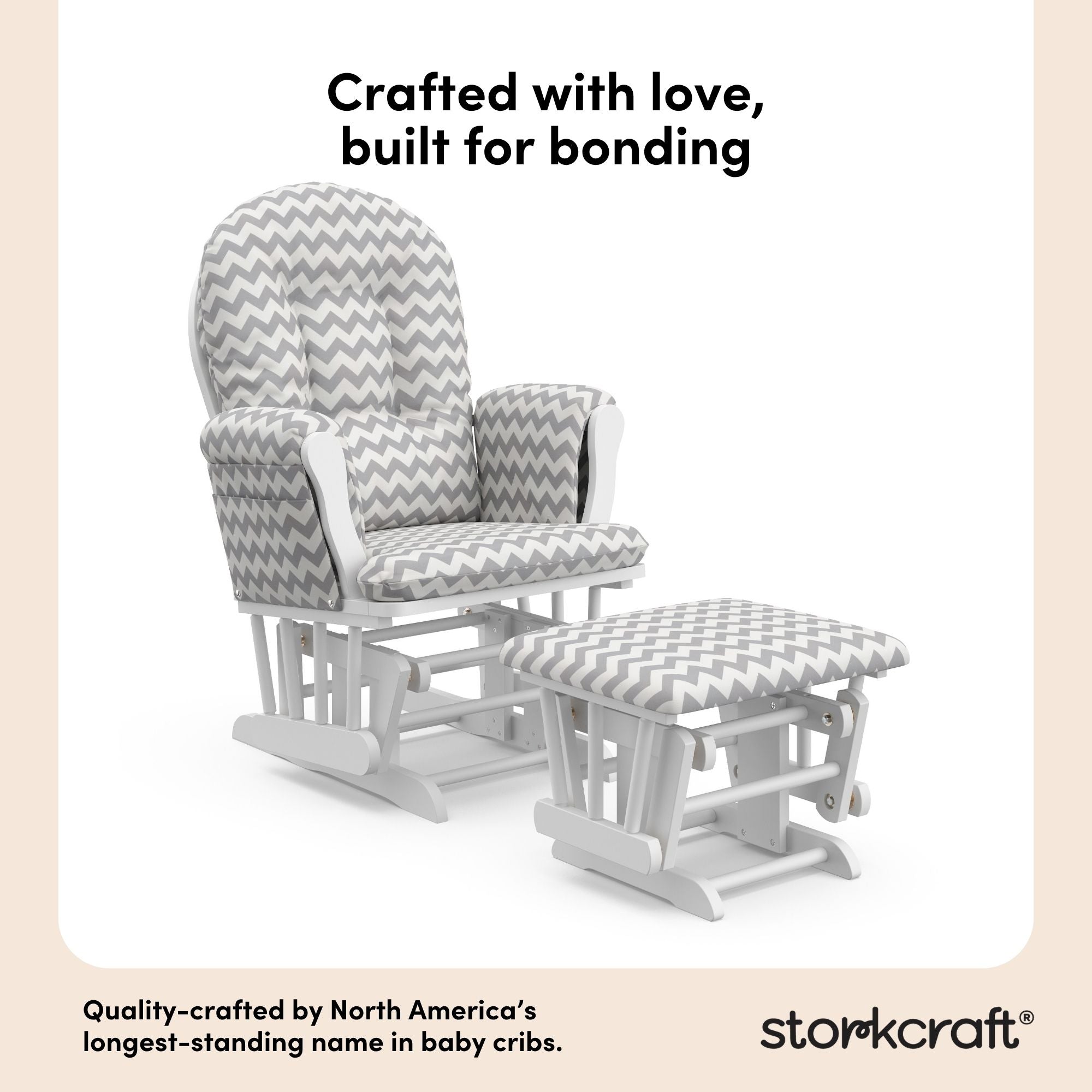 storkcraft hoop glider and ottoman white frame with gray chevron cushions quality crafted callout