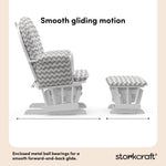storkcraft hoop glider and ottoman white frame with gray chevron cushions smooth gliding motion callout