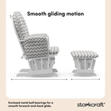 storkcraft hoop glider and ottoman white frame with gray chevron cushions smooth gliding motion callout