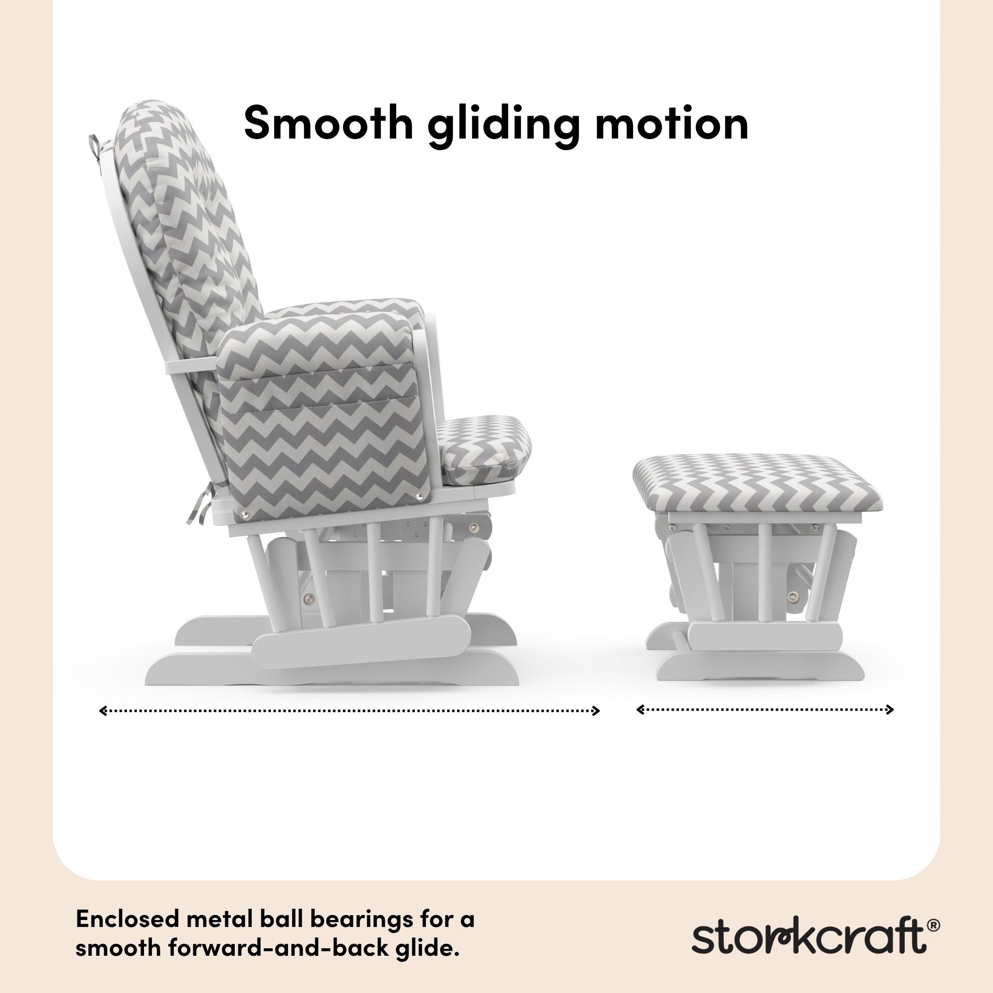 storkcraft hoop glider and ottoman white frame with gray chevron cushions smooth gliding motion callout