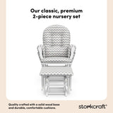 storkcraft hoop glider and ottoman white frame with gray chevron cushions 2-piece nursery set callout