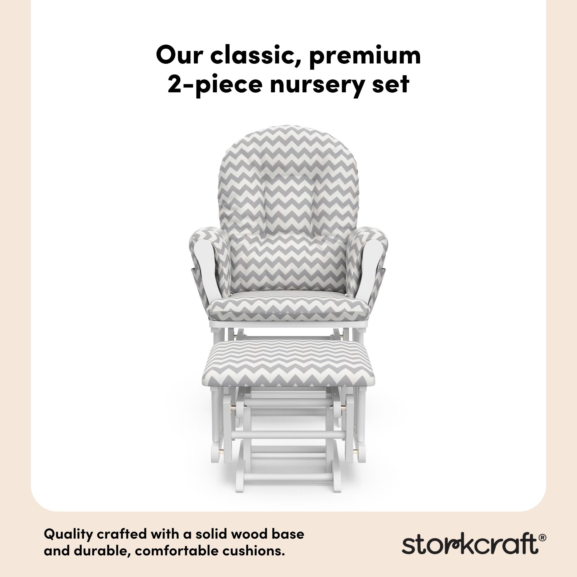 storkcraft hoop glider and ottoman white frame with gray chevron cushions 2-piece nursery set callout