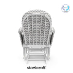 storkcraft hoop glider and ottoman white frame with gray chevron cushions with PTPA logo on top right