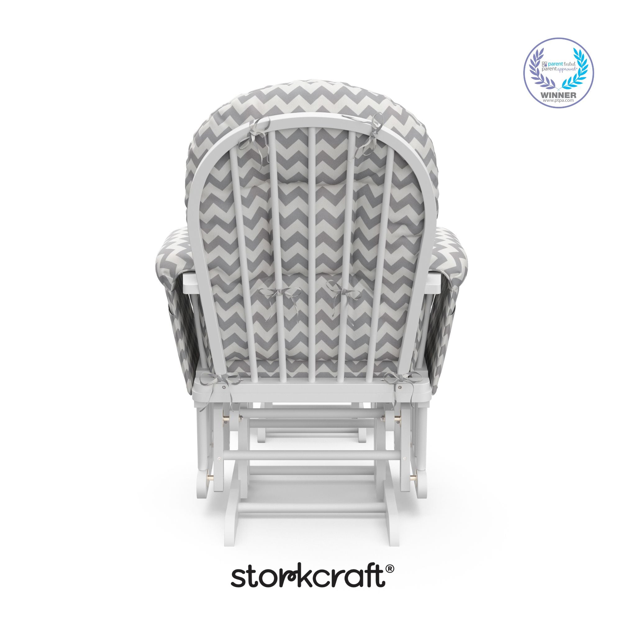 storkcraft hoop glider and ottoman white frame with gray chevron cushions with PTPA logo on top right