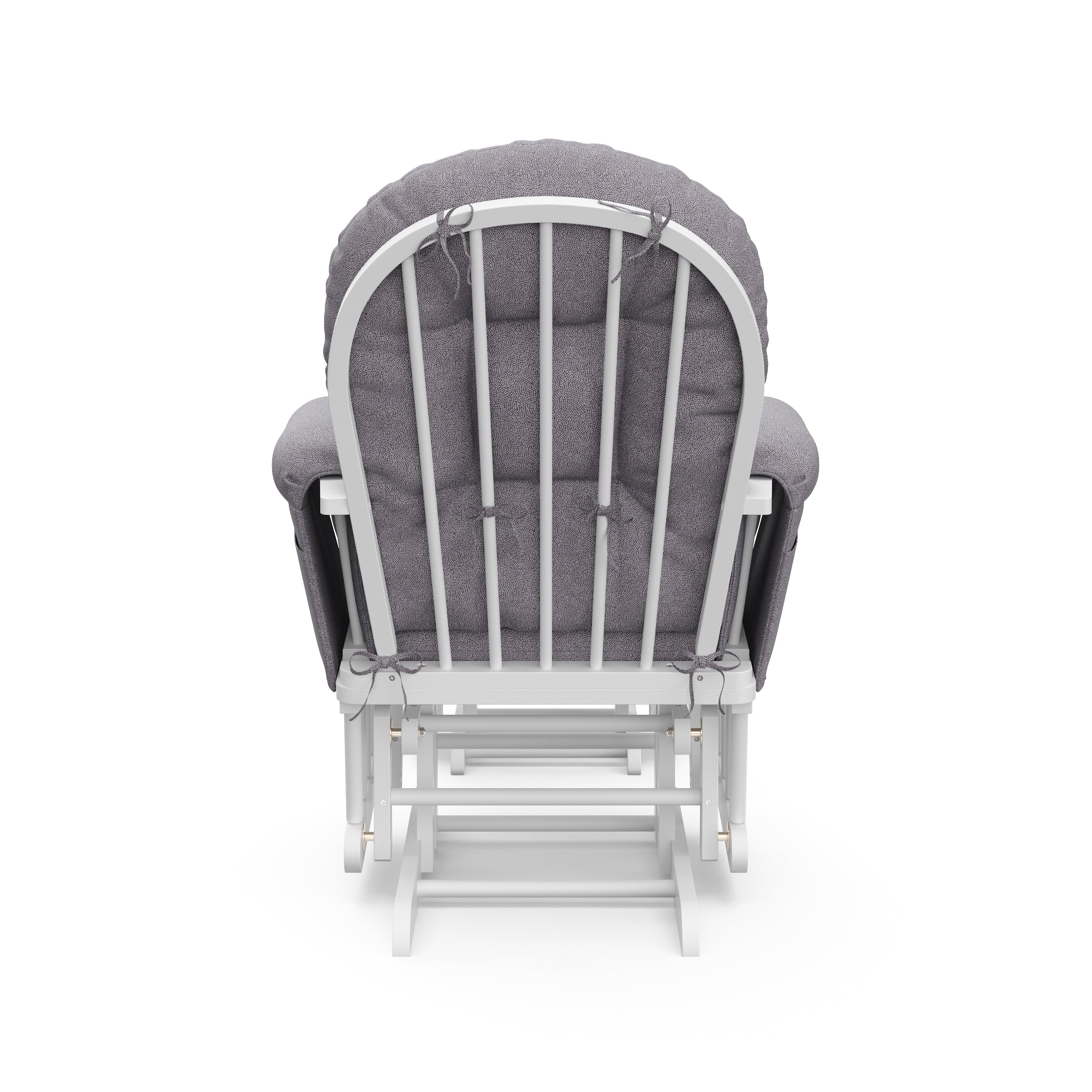 storkcraft hoop glider and ottoman white frame with gray swirl cushions back view