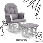 storkcraft hoop glider and ottoman white with gray swirl cushions with black doodles overlaid on image