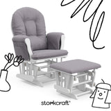 storkcraft hoop glider and ottoman white with gray swirl cushions with black doodles overlaid on image