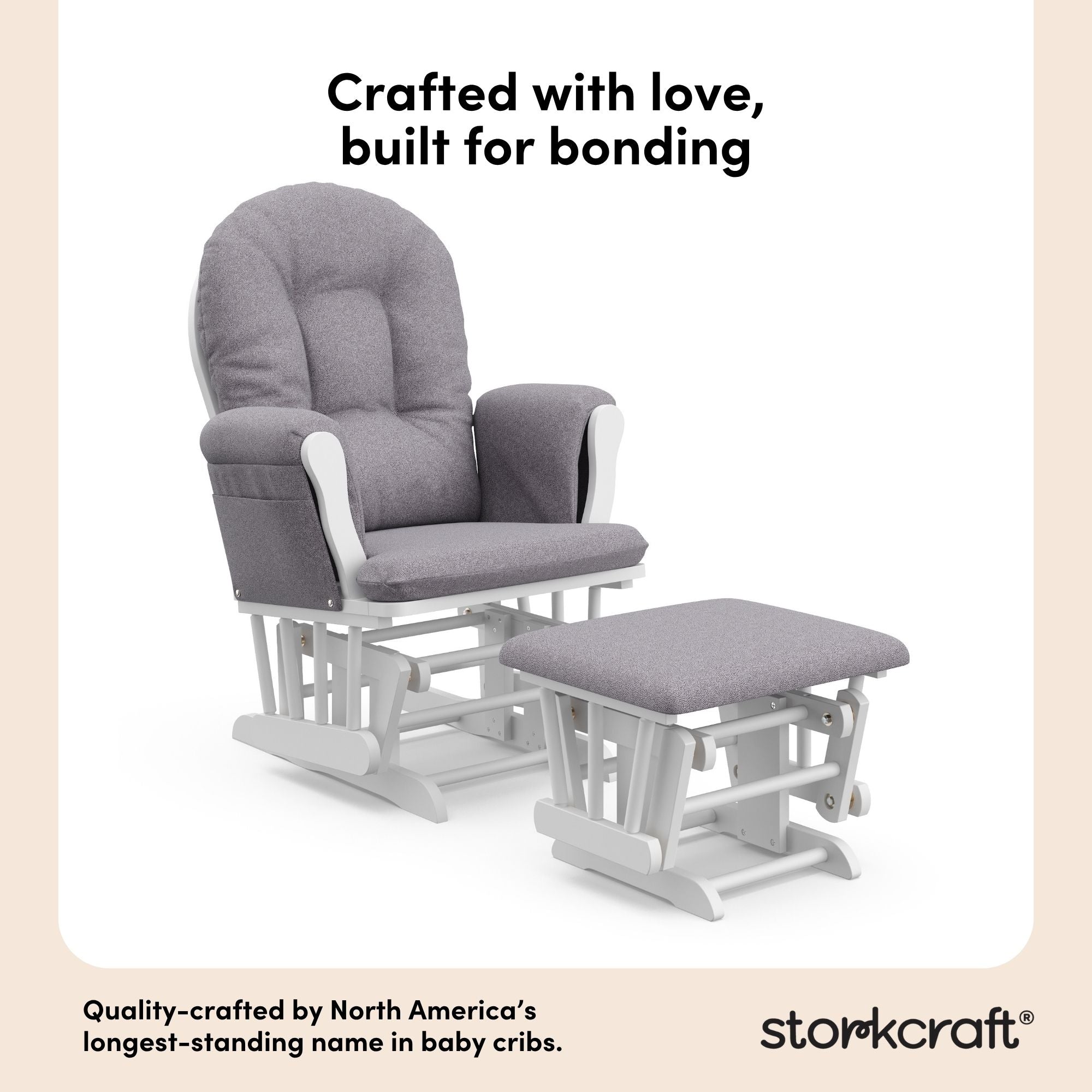 storkcraft hoop glider and ottoman white with gray swirl cushions quality crafted callout