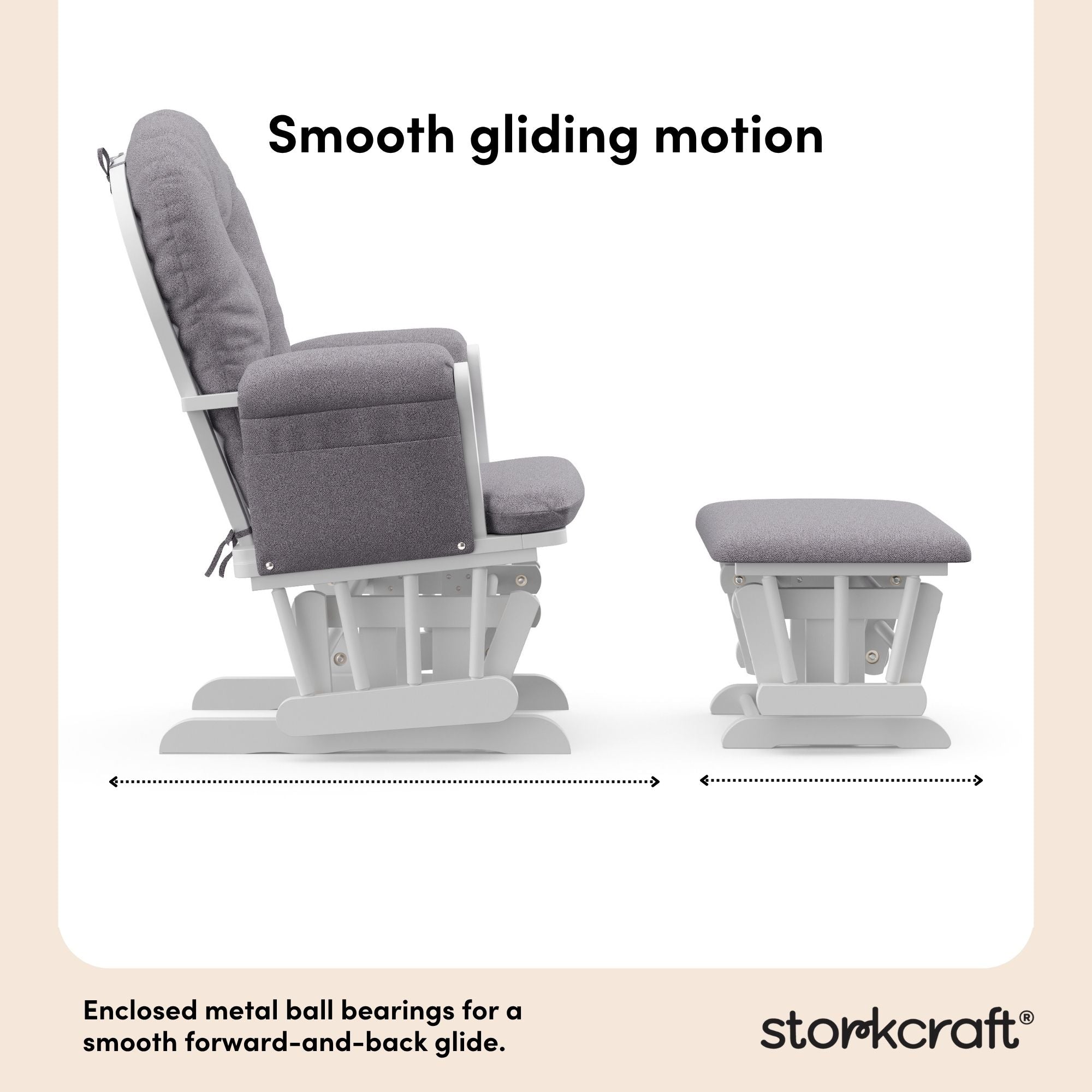 storkcraft hoop glider and ottoman white with gray swirl cushions smooth gliding motion callout