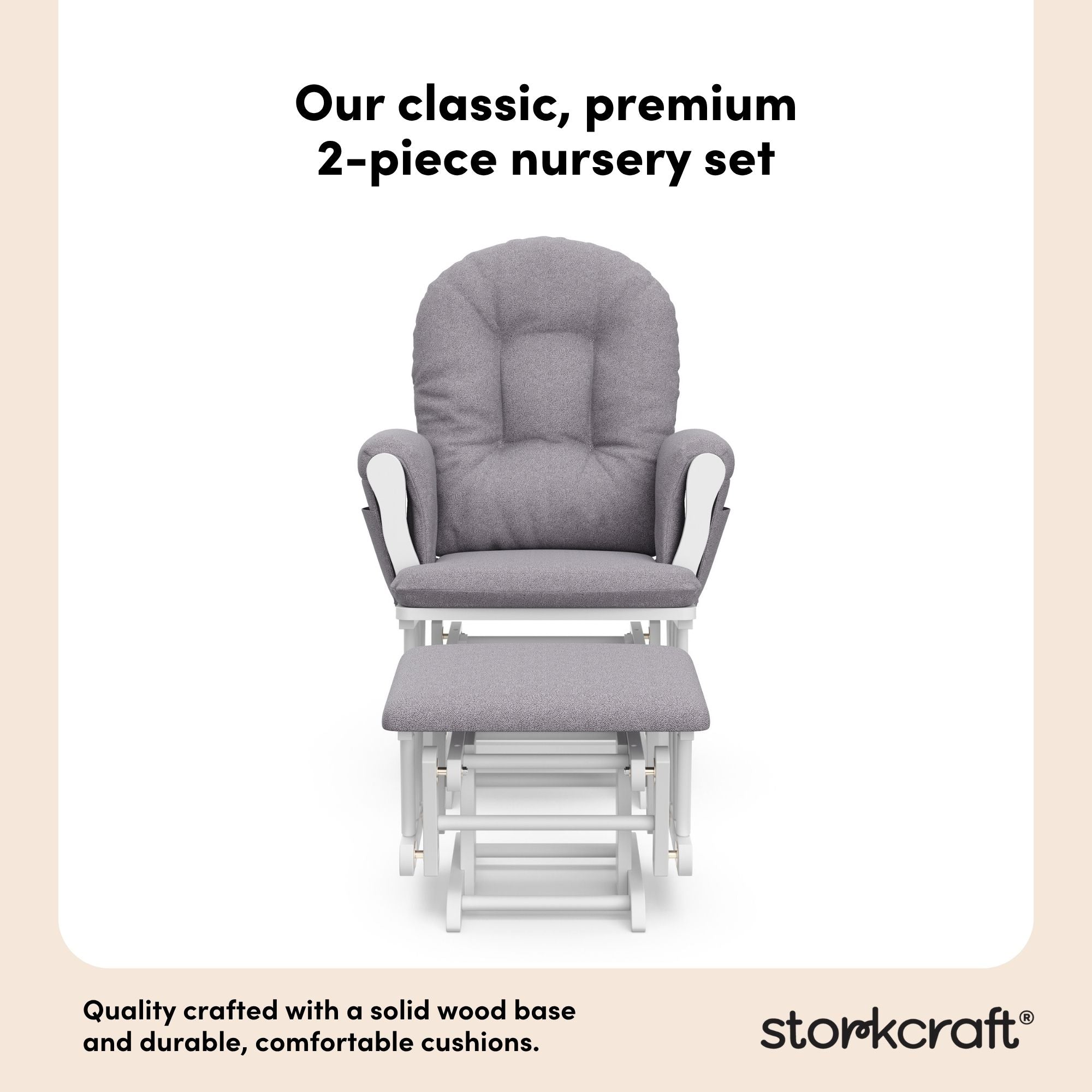 storkcraft hoop glider and ottoman white with gray swirl cushions 2-piece nursery set callout