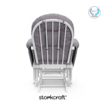 storkcraft hoop glider and ottoman white with gray swirl cushions with PTPA logo on top right