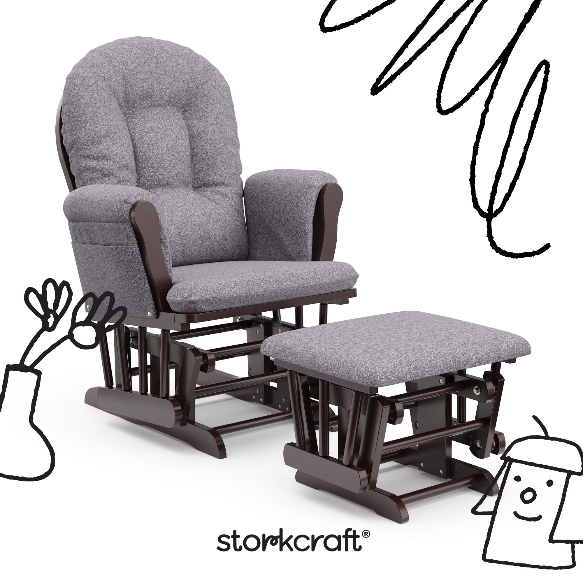 storkcraft hoop glider and ottoman espresso with gray swirl with black doodles overlaid on image
