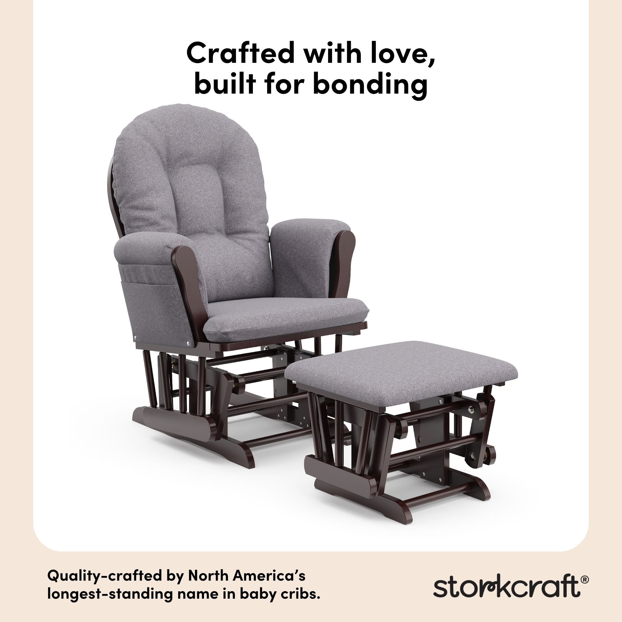storkcraft hoop glider and ottoman espresso with gray swirl cushions quality crafted callout