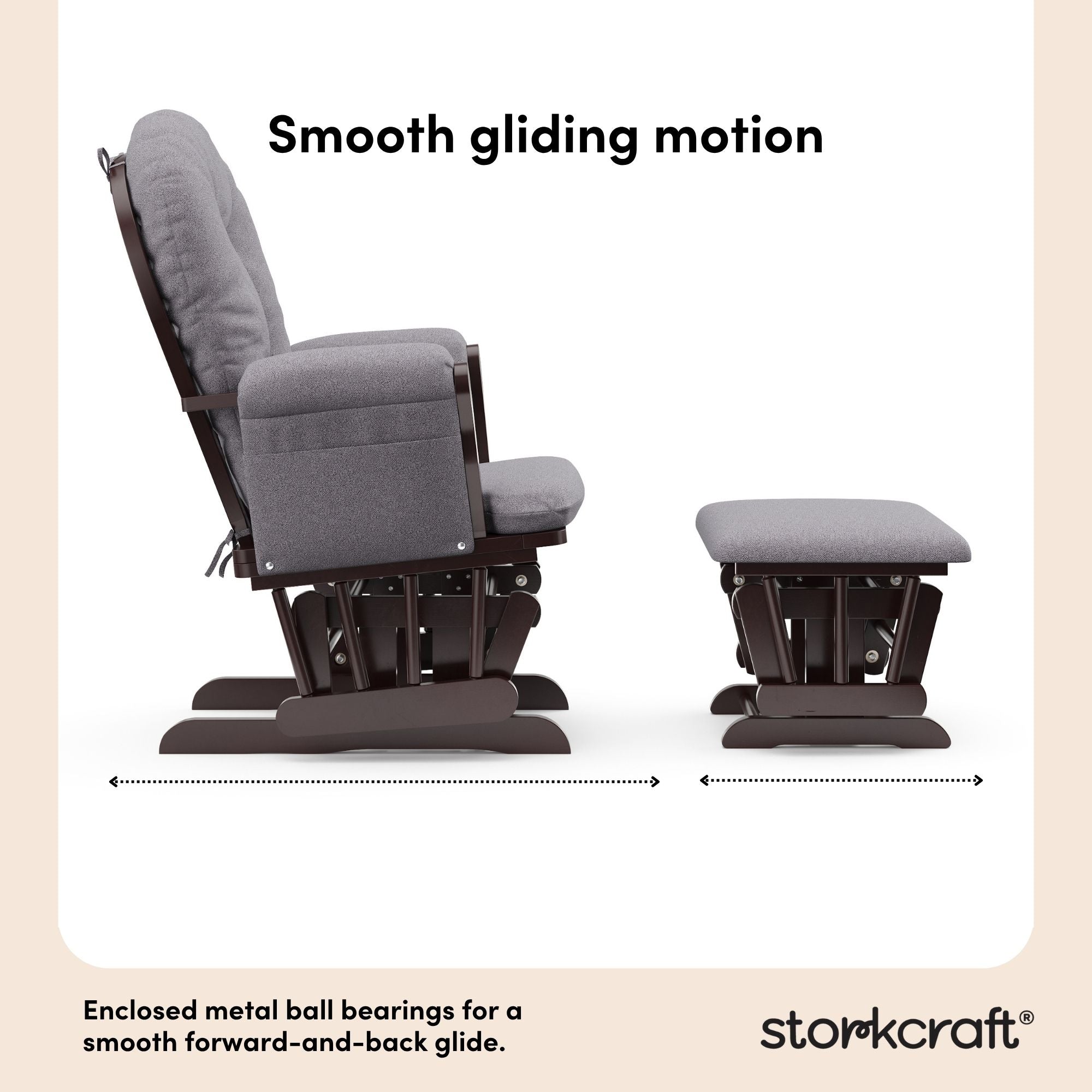 storkcraft hoop glider and ottoman espresso with gray swirl smooth gliding motion callout
