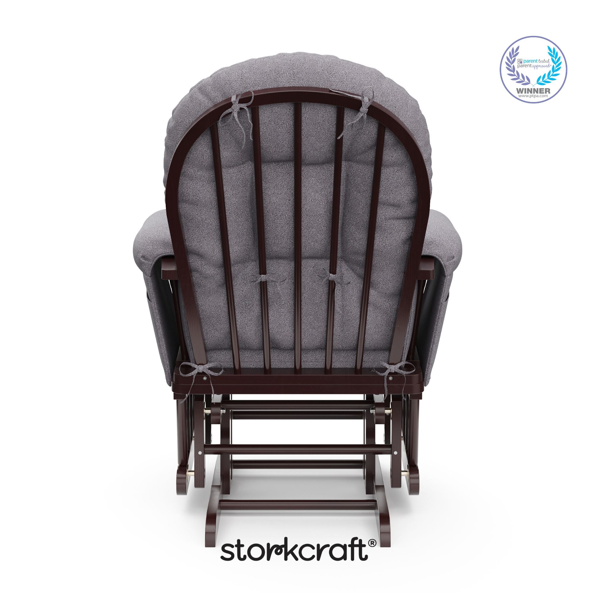 storkcraft hoop glider and ottoman espresso with gray swirl with PTPA logo on top right