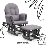 storkcraft hoop glider and ottoman gray with gray swirl cushions with black doodles overlaid on image