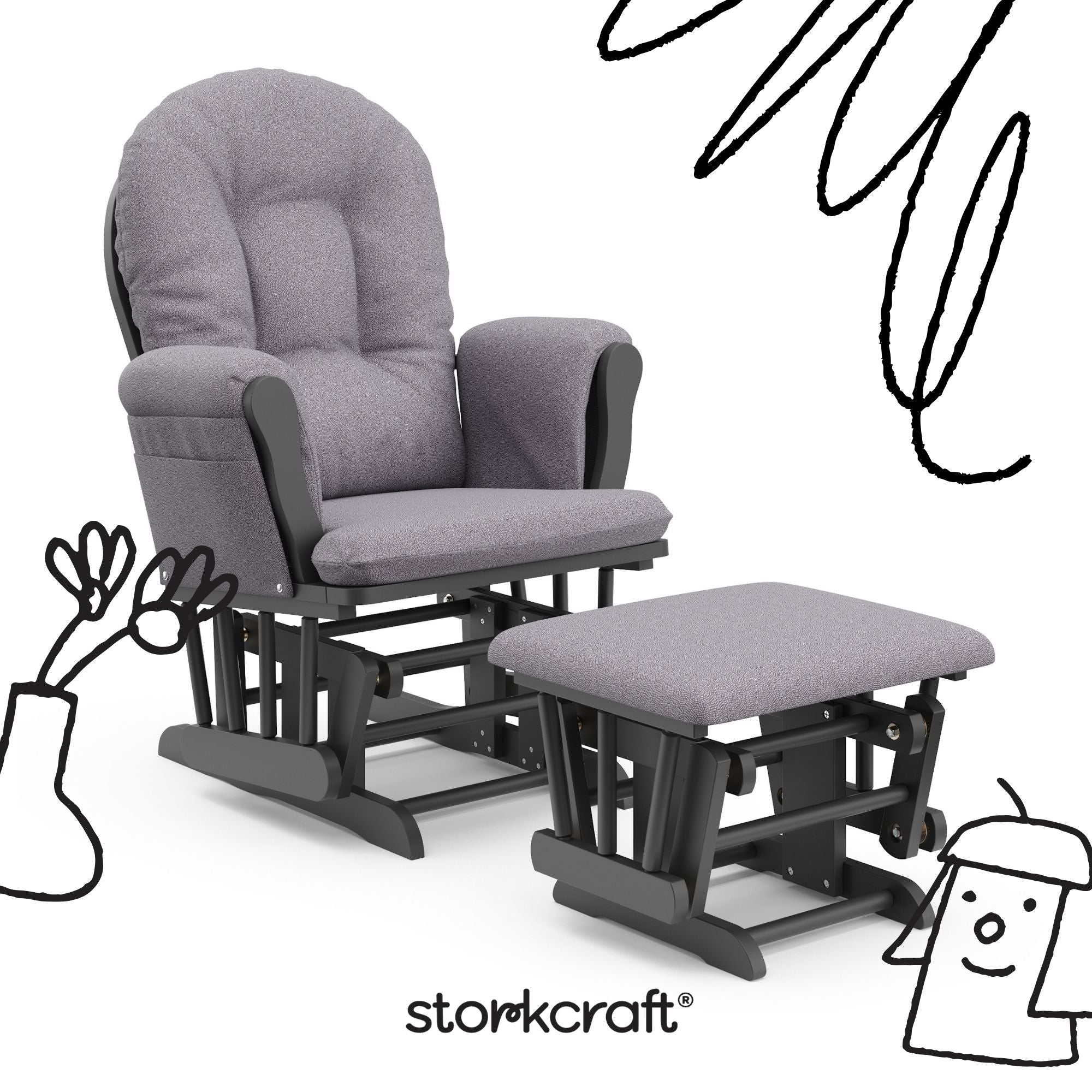 storkcraft hoop glider and ottoman gray with gray swirl cushions with black doodles overlaid on image