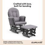 storkcraft hoop glider and ottoman gray with gray swirl cushions quality crafted callout