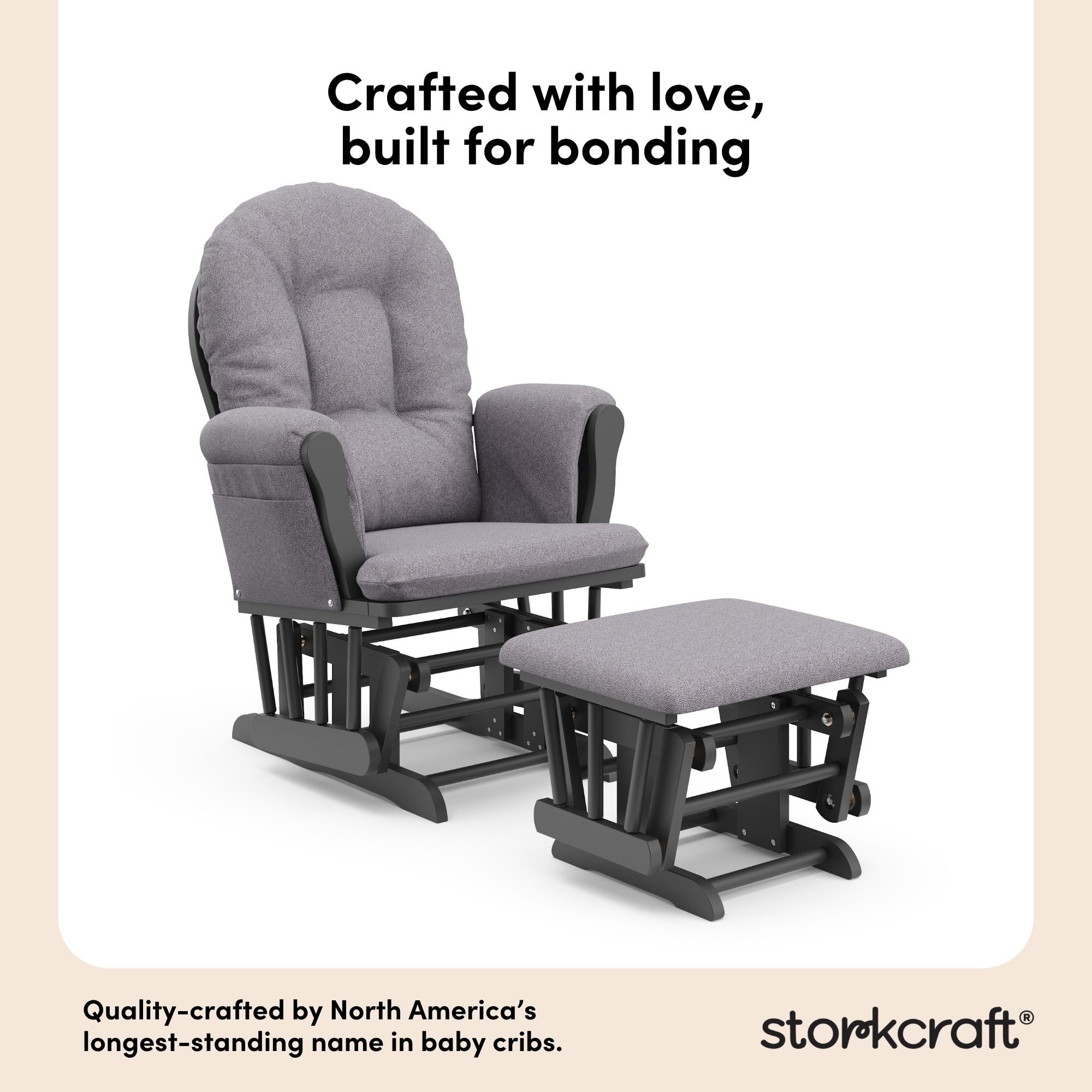 storkcraft hoop glider and ottoman gray with gray swirl cushions quality crafted callout
