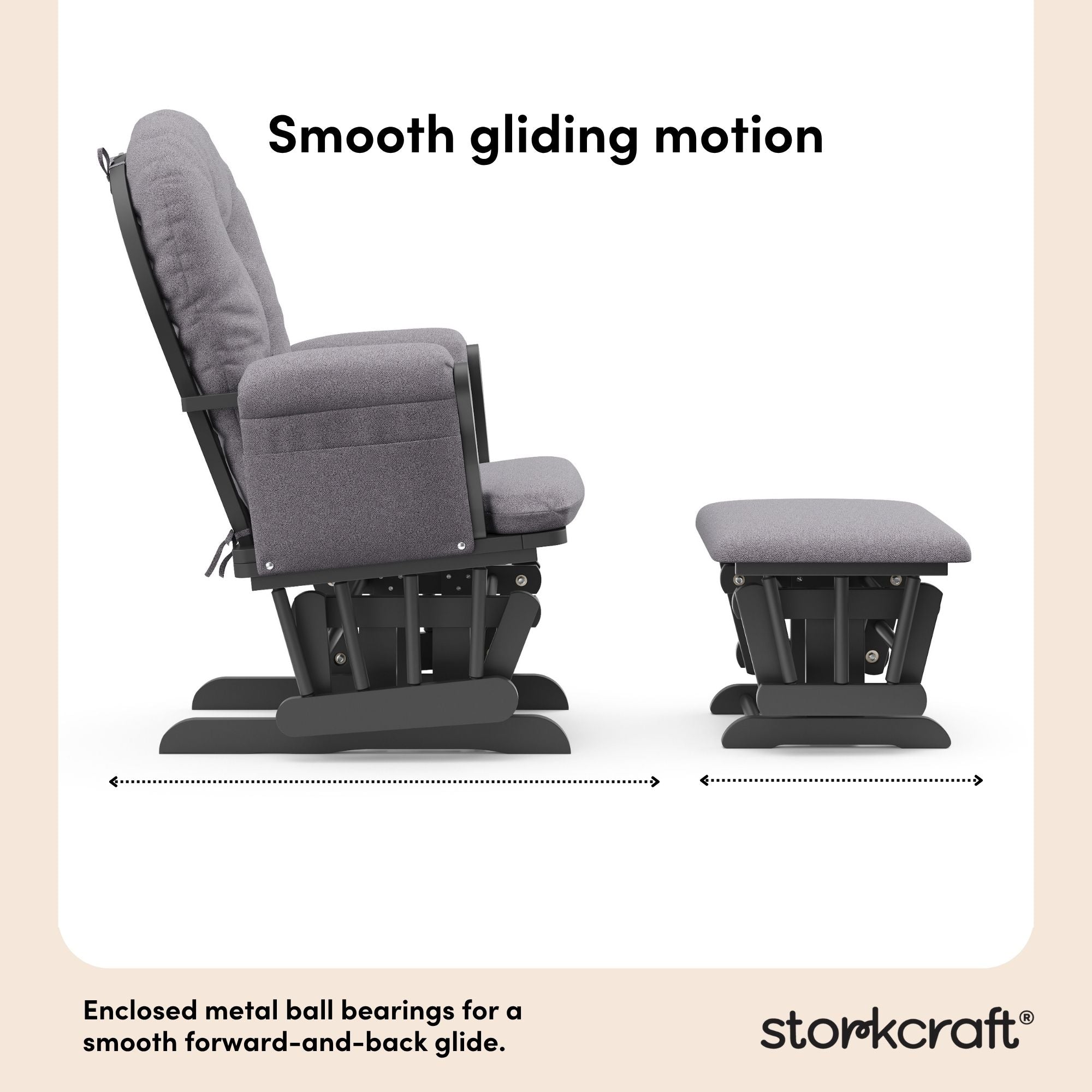 storkcraft hoop glider and ottoman gray with gray swirl cushions smooth gliding motion callout