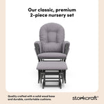 storkcraft hoop glider and ottoman gray with gray swirl cushions 2-piece nursery set callout
