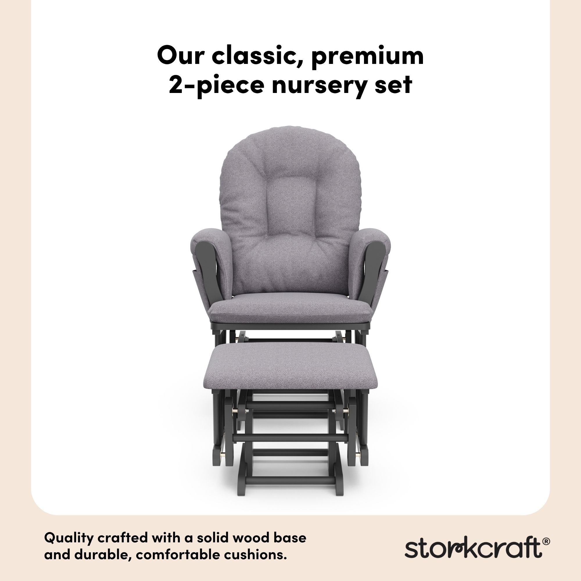storkcraft hoop glider and ottoman gray with gray swirl cushions 2-piece nursery set callout