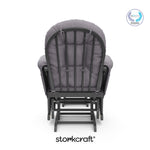 storkcraft hoop glider and ottoman gray with gray swirl cushions with PTPA logo on top right