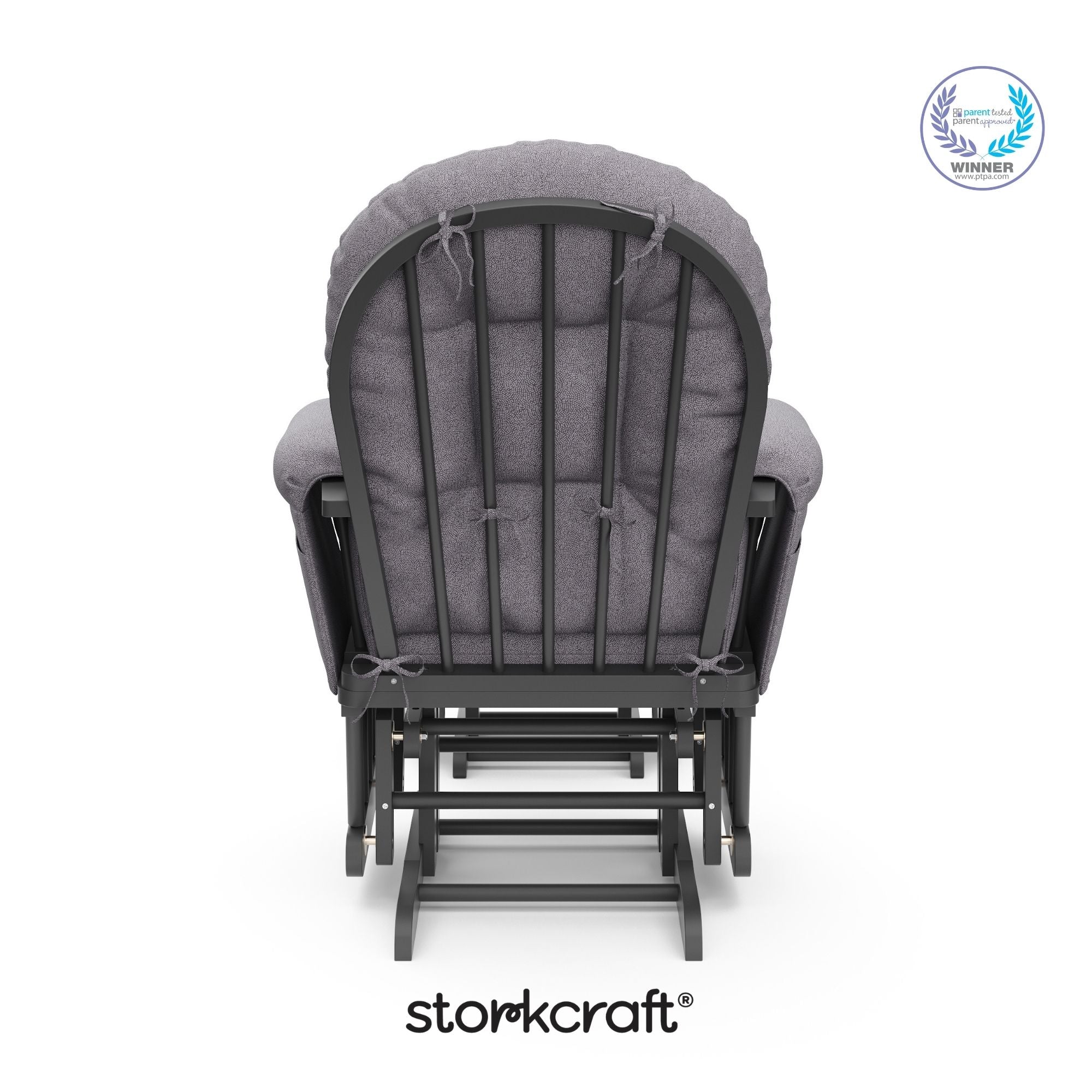storkcraft hoop glider and ottoman gray with gray swirl cushions with PTPA logo on top right