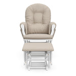 storkcraft hoop glider and ottoman white frame with taupe swirl cushions front view