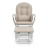 storkcraft hoop glider and ottoman white frame with taupe swirl cushions front view