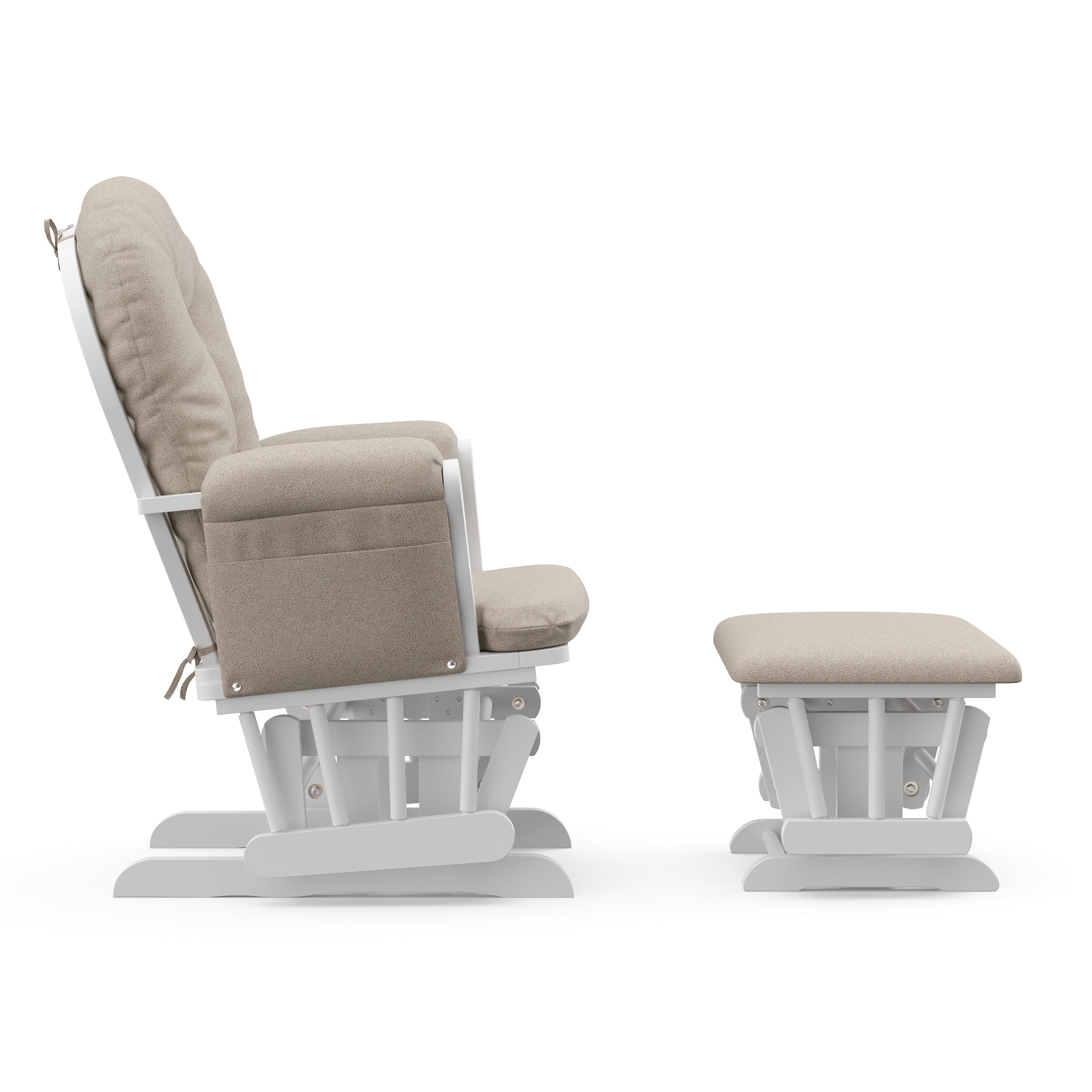 storkcraft hoop glider and ottoman white frame with taupe swirl cushions side view