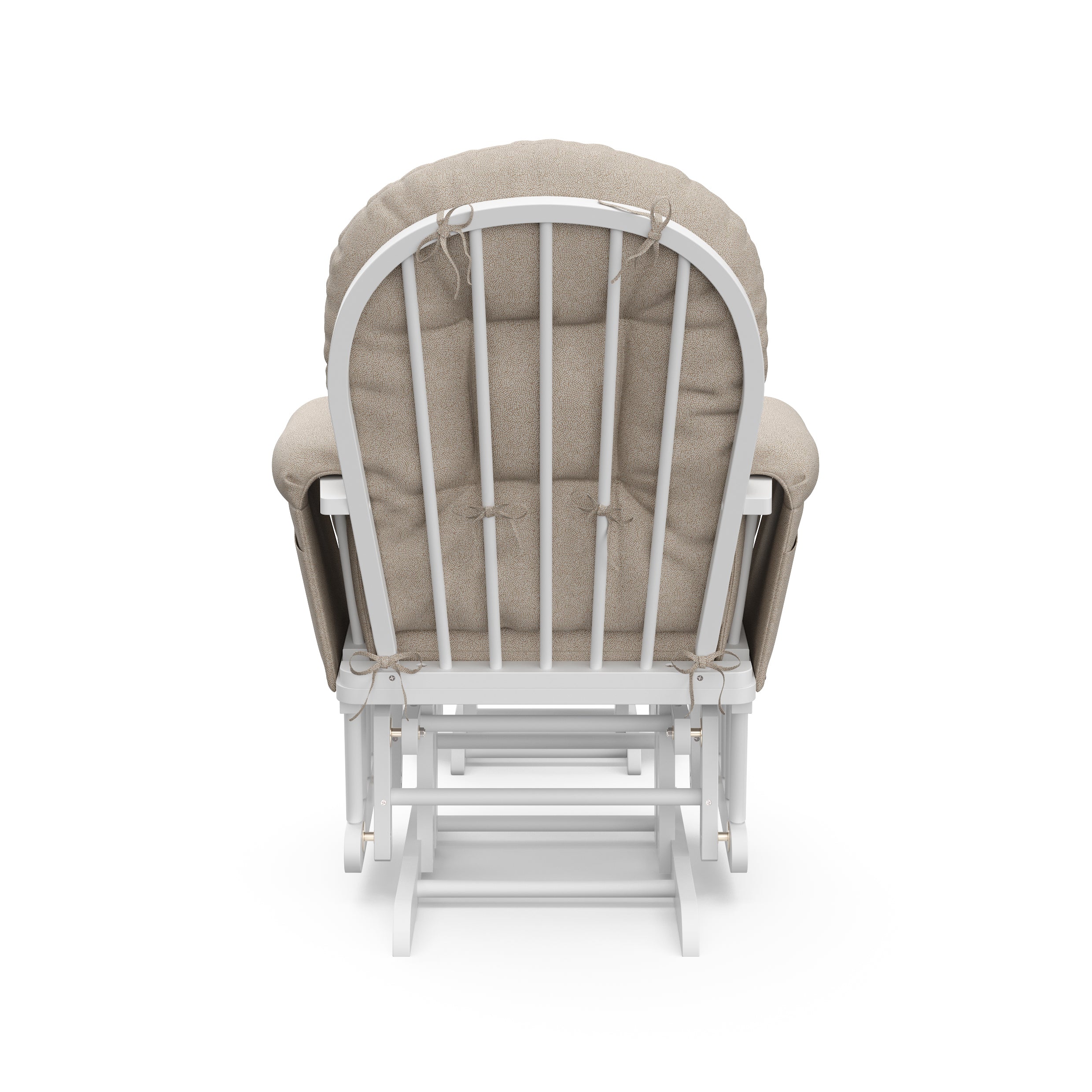 storkcraft hoop glider and ottoman white frame with taupe swirl cushions back view